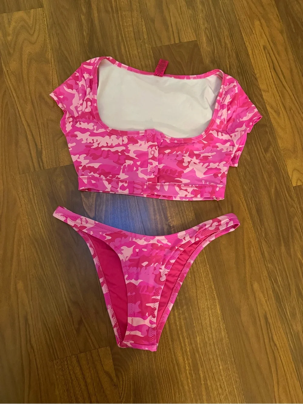 SKIMS Signature Swim Camo Button Up Crop Top + Bottoms Pink